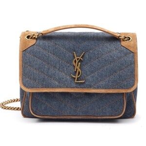 Yves Saint Laurent Denim and Tan Chevron Shoulder Bag